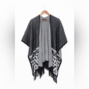 Sam Edelman Fringe Open Poncho Wrap Womens L Black White Geometric Boho Neutral